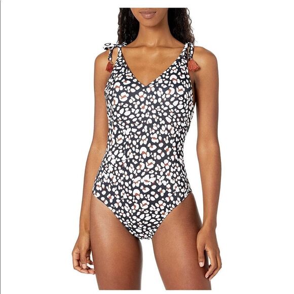 New JESSICA SIMPSON Leopard Animal Print Tassel One Piece Swimsuit Black Tan M - Picture 1 of 8
